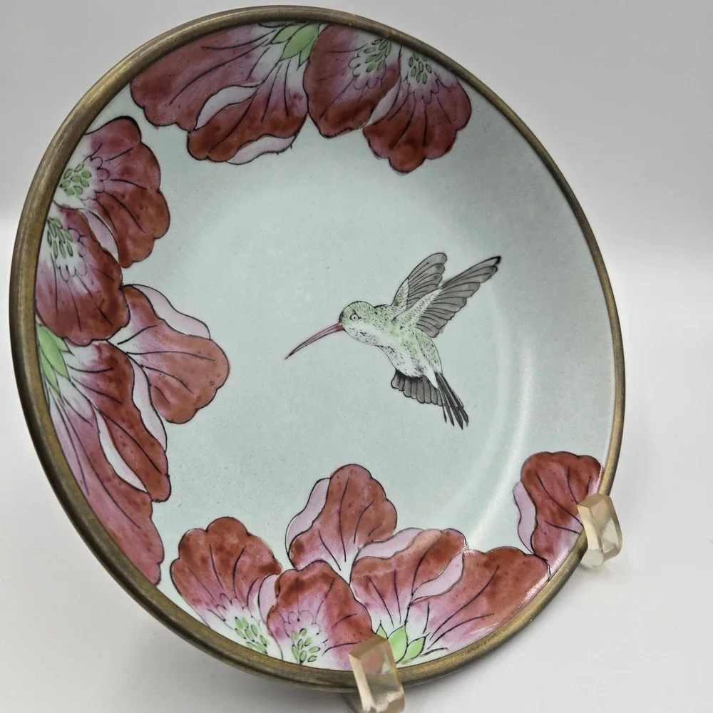VTG RARE Rubicon Hand Painted Wall Art Flower & Hummingbird Gold Trim 1987‎ 8